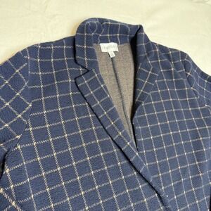 Harlyn Anthropologie Navy Beige Plaid Open Front Blazer Jacket Women's Size L